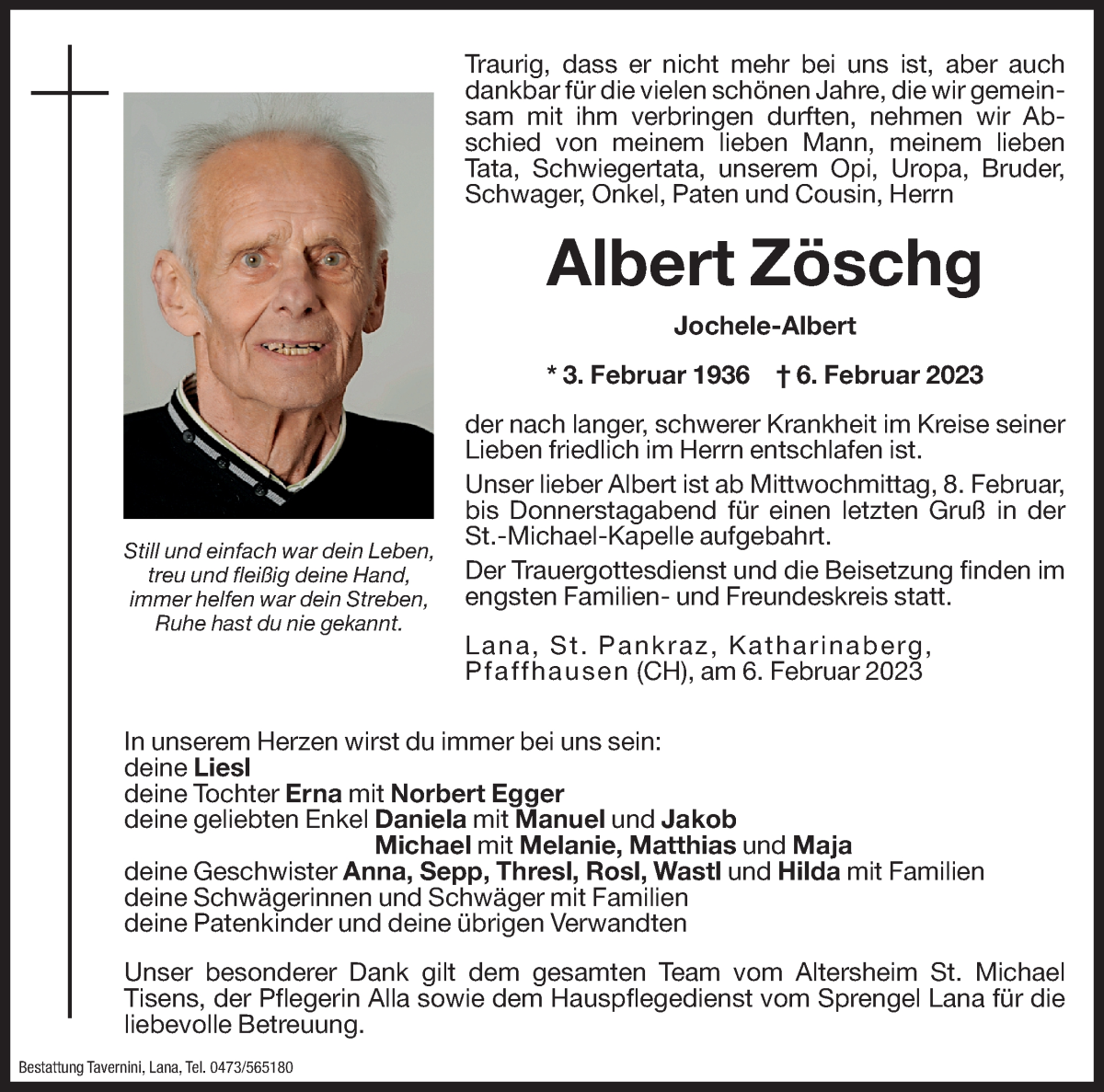  Traueranzeige für Albert Zöschg vom 08.02.2023 aus Dolomiten