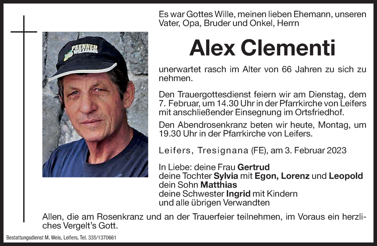  Traueranzeige für Alex Clementi vom 06.02.2023 aus Dolomiten