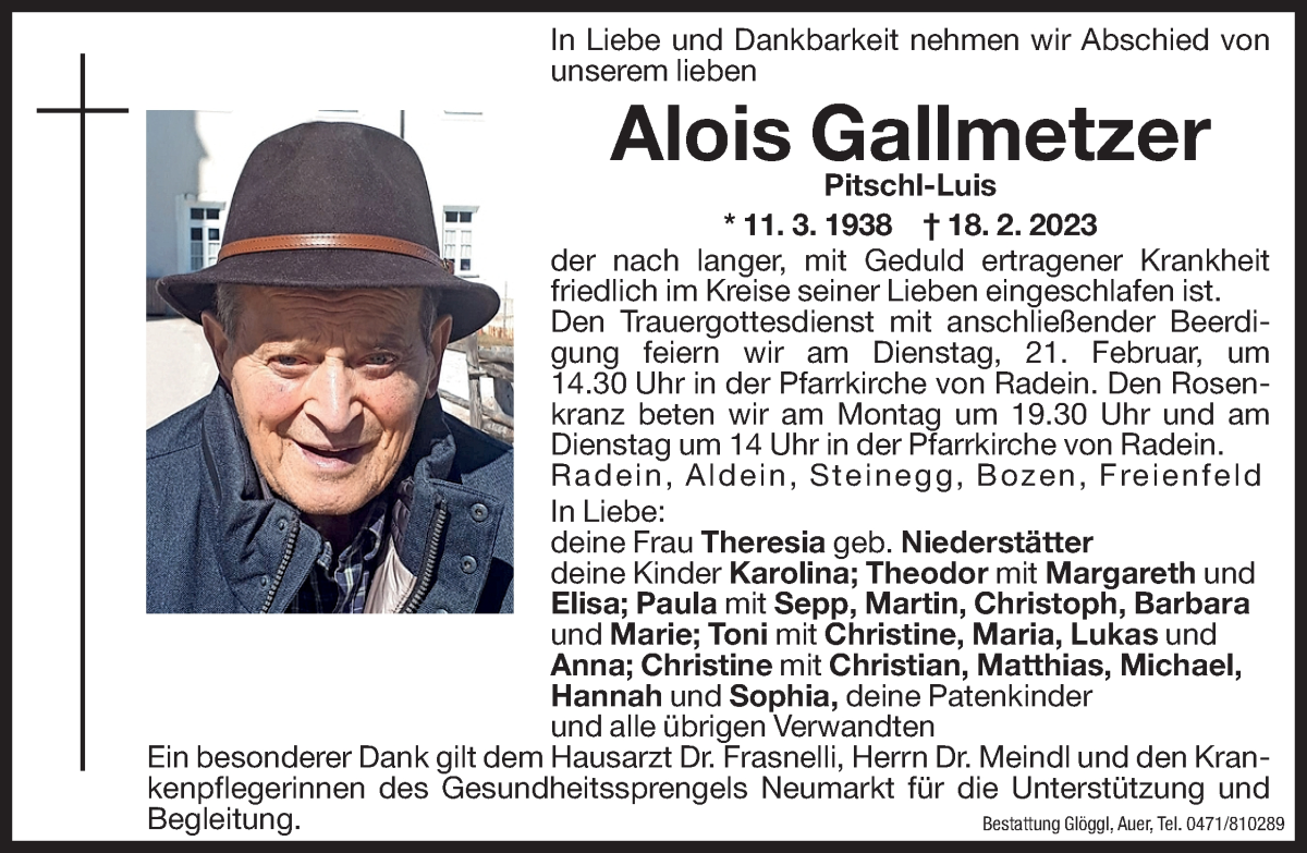  Traueranzeige für Alois Gallmetzer vom 20.02.2023 aus Dolomiten