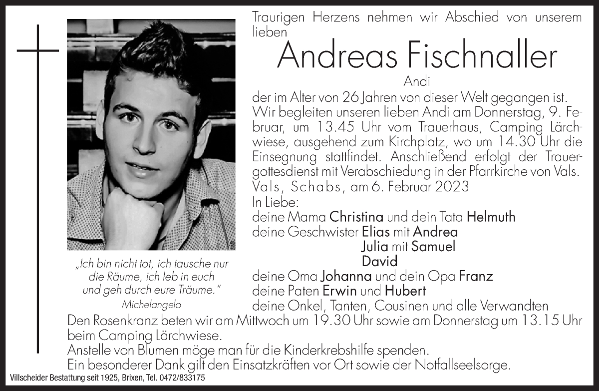  Traueranzeige für Andreas Fischnaller vom 08.02.2023 aus Dolomiten
