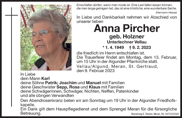 Traueranzeige von Anna Pircher von Dolomiten