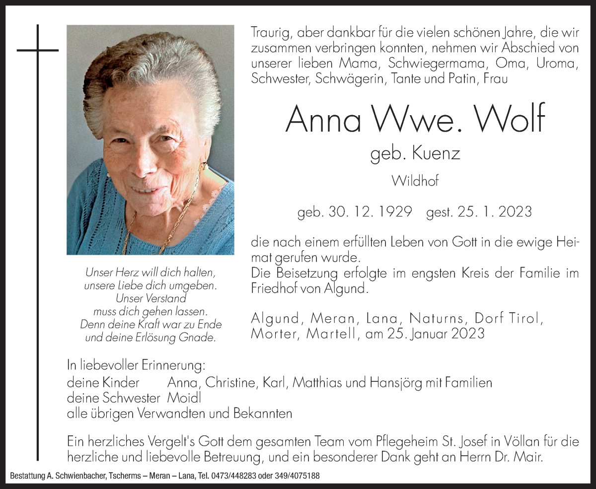  Traueranzeige für Anna Wolf vom 07.02.2023 aus Dolomiten