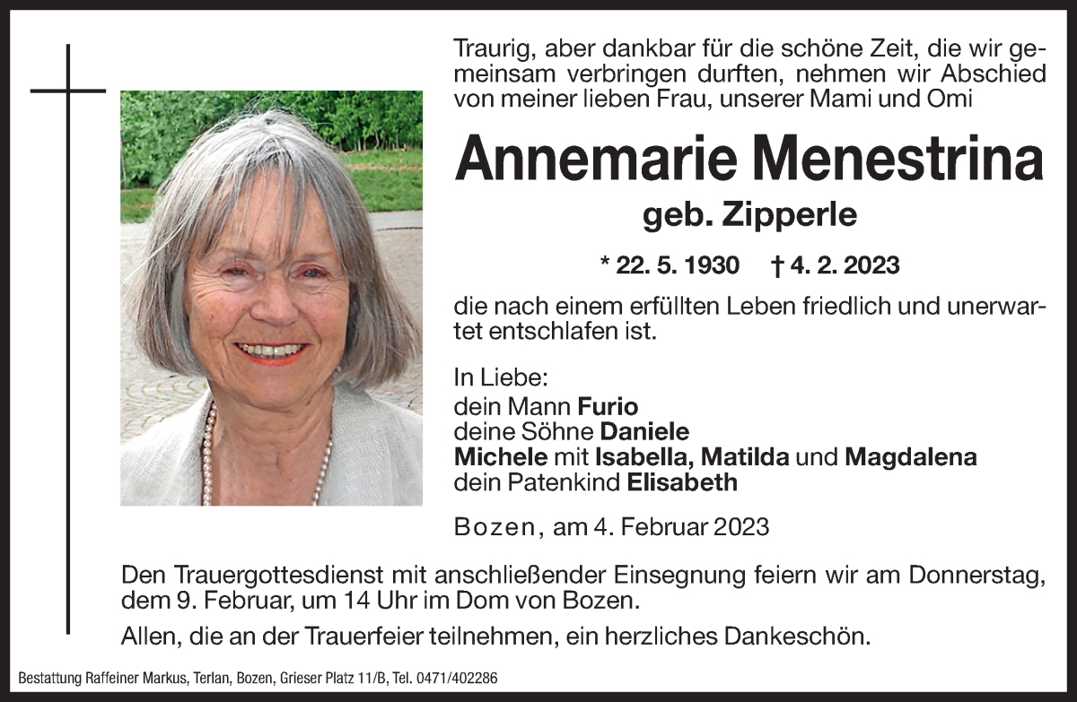  Traueranzeige für Annemarie Menestrina vom 07.02.2023 aus Dolomiten