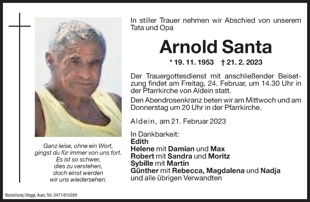  Traueranzeige für Arnold Santa vom 22.02.2023 aus Dolomiten