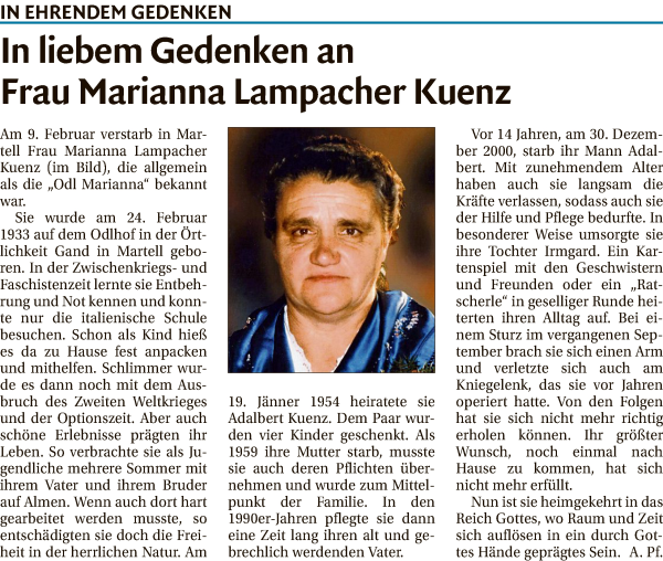 Traueranzeige von Marianna Lampacher Kuenz von Dolomiten