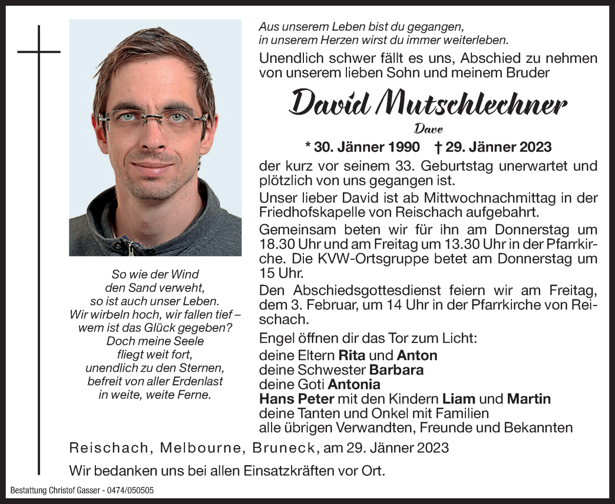  Traueranzeige für David Mutschlechner vom 01.02.2023 aus Dolomiten