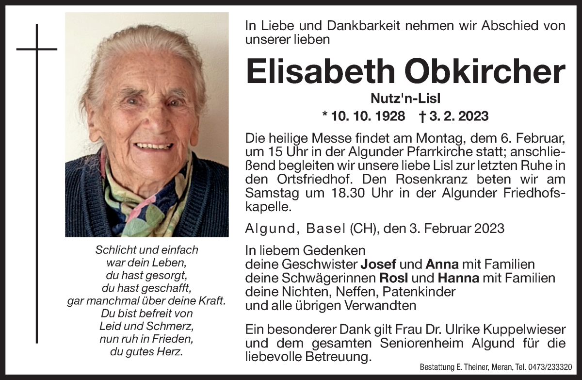  Traueranzeige für Elisabeth Obkircher vom 04.02.2023 aus Dolomiten