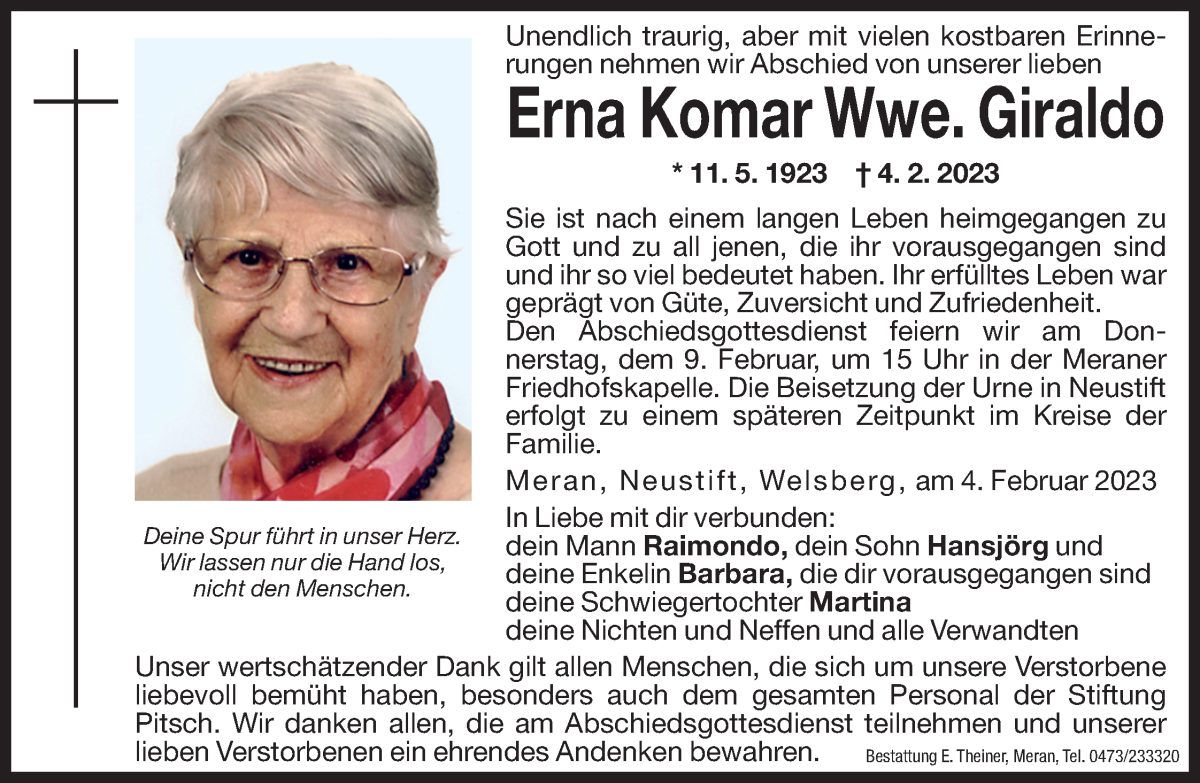  Traueranzeige für Erna Giraldo vom 07.02.2023 aus Dolomiten