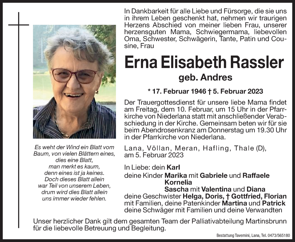  Traueranzeige für Erna Elisabeth Rassler vom 07.02.2023 aus Dolomiten