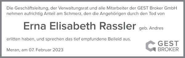 Traueranzeige von Erna Elisabeth Rassler von Dolomiten