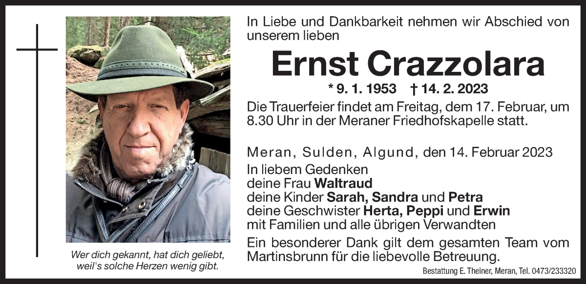  Traueranzeige für Ernst Crazzolara vom 15.02.2023 aus Dolomiten
