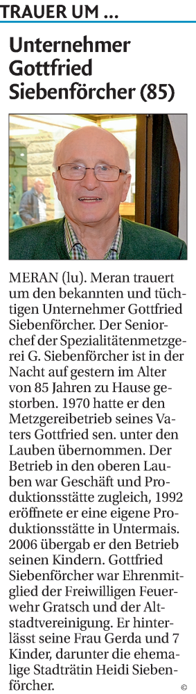 Traueranzeige von Gottfried Siebenförcher von Dolomiten