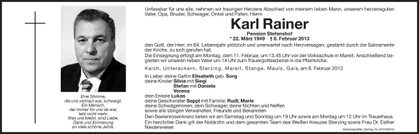 Traueranzeige von Karl Rainer von Dolomiten