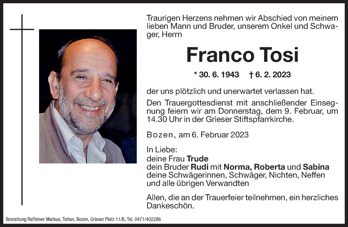  Traueranzeige für Franco Tosi vom 08.02.2023 aus Dolomiten