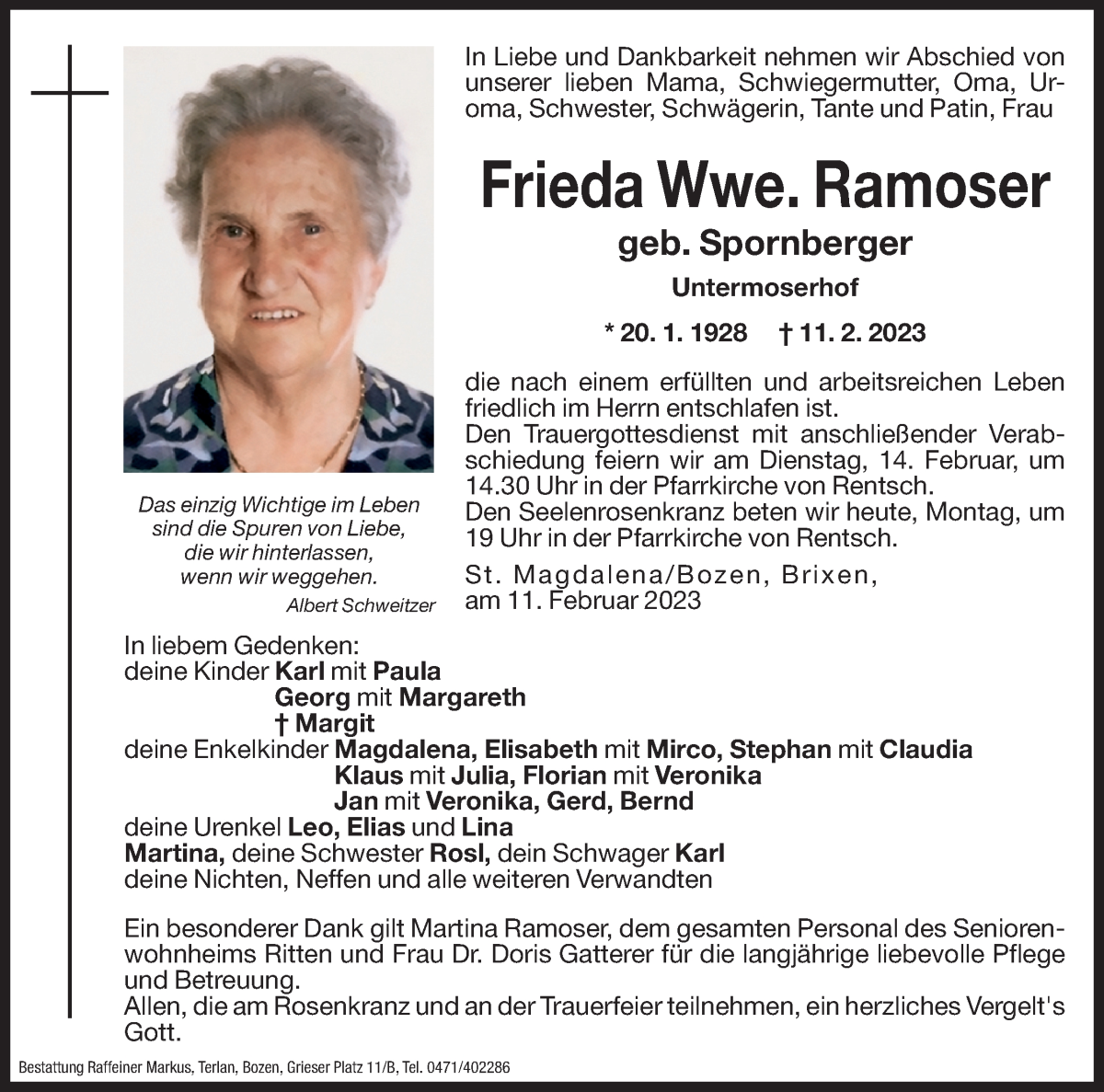  Traueranzeige für Frieda Ramoser vom 13.02.2023 aus Dolomiten