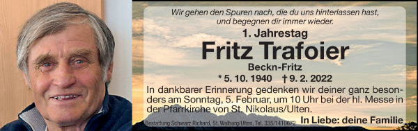 Traueranzeige von Fritz Trafoier von Dolomiten