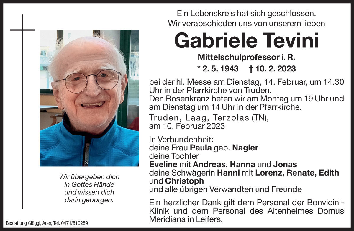  Traueranzeige für Gabriele Tevini vom 13.02.2023 aus Dolomiten
