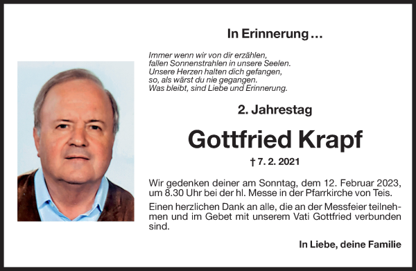 Traueranzeige von Gottfried Krapf von Dolomiten