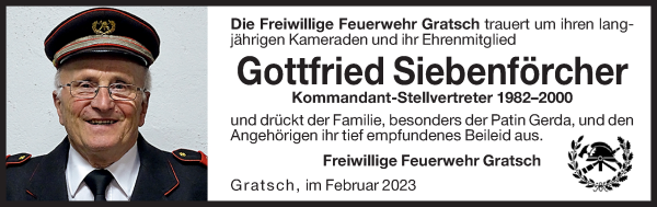 Traueranzeige von Gottfried Siebenförcher von Dolomiten