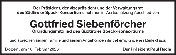 Traueranzeige von Gottfried Siebenförcher von Dolomiten