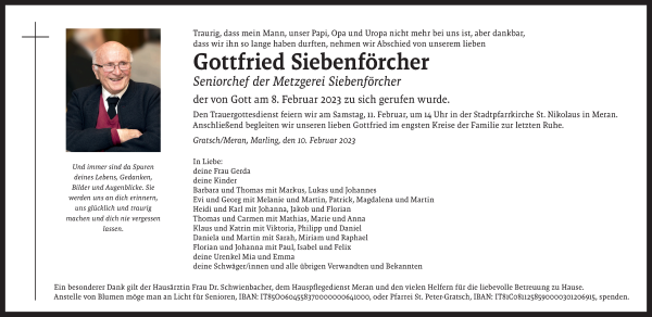 Traueranzeige von Gottfried Siebenförcher von Dolomiten