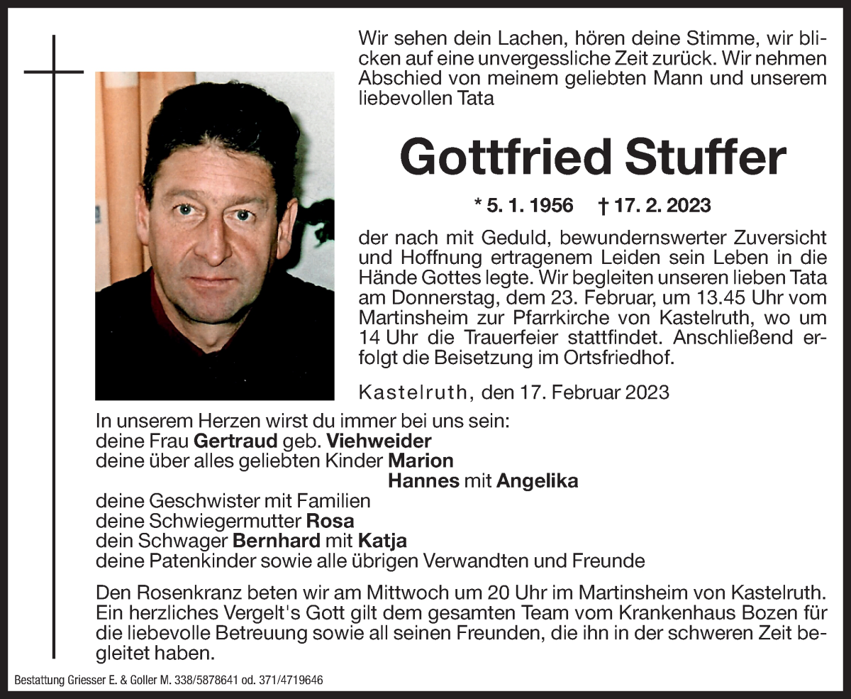  Traueranzeige für Gottfried Stuffer vom 21.02.2023 aus Dolomiten