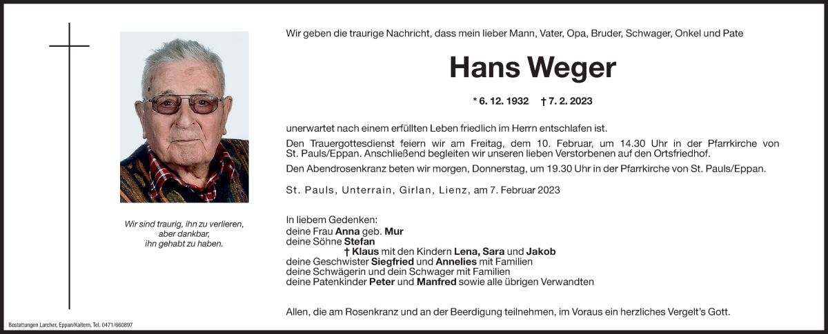  Traueranzeige für Hans Weger vom 08.02.2023 aus Dolomiten