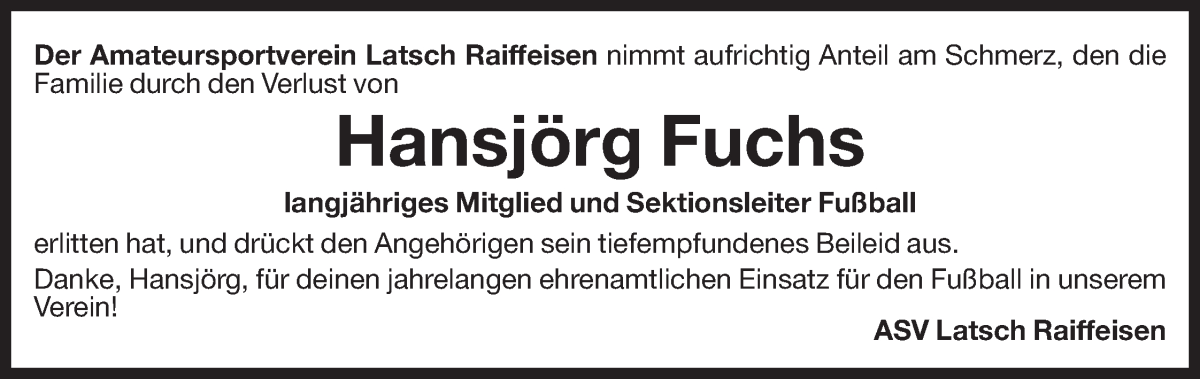  Traueranzeige für Hansjörg Fuchs vom 06.02.2023 aus Dolomiten