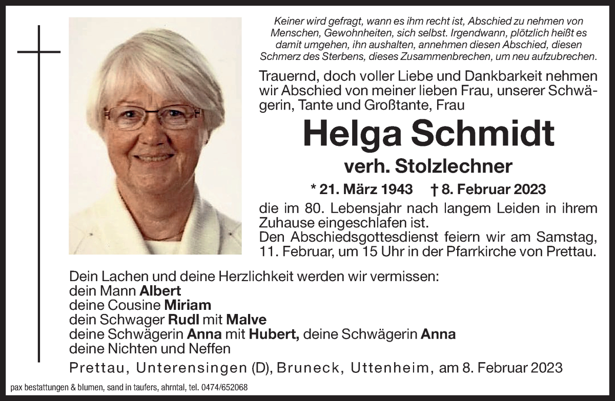  Traueranzeige für Helga Stolzlechner vom 10.02.2023 aus Dolomiten