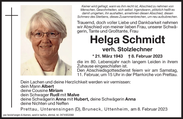 Traueranzeige von Helga Stolzlechner von Dolomiten