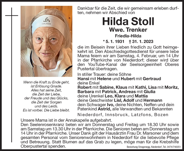 Traueranzeige von Hilda Trenker von Dolomiten