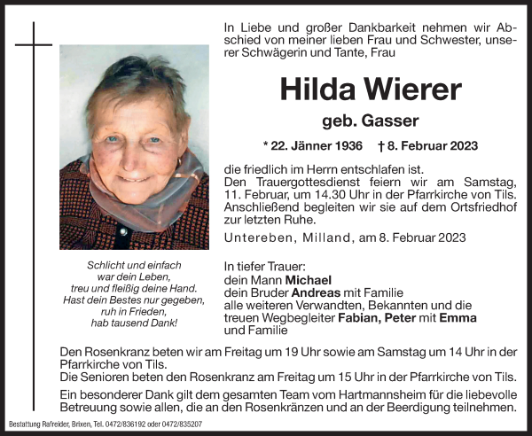 Traueranzeige von Hilda Wierer von Dolomiten
