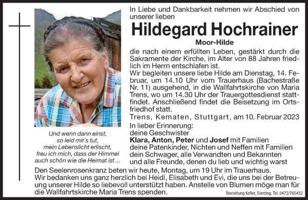 Traueranzeige von Hildegard Hochrainer von Dolomiten