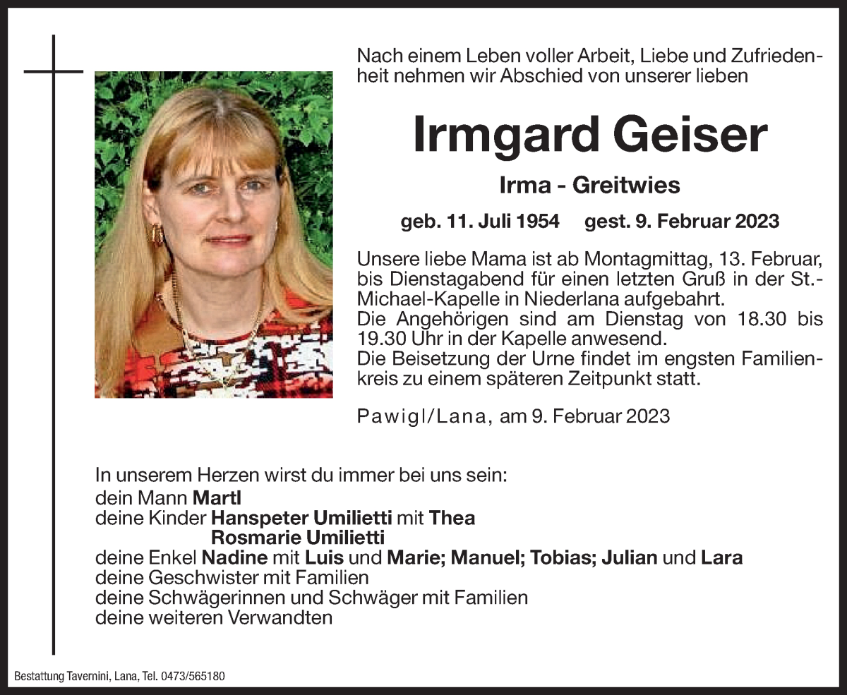  Traueranzeige für Irmgard Geiser vom 11.02.2023 aus Dolomiten