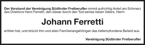 Traueranzeige von Johann Ferretti von Dolomiten