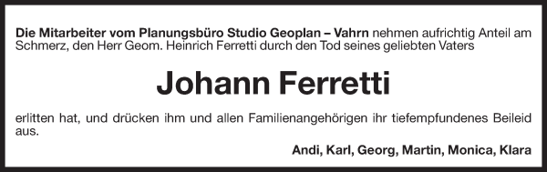 Traueranzeige von Johann Ferretti von Dolomiten