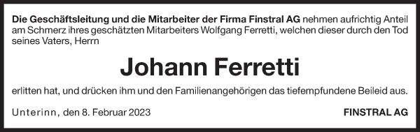 Traueranzeige von Johann Ferretti von Dolomiten