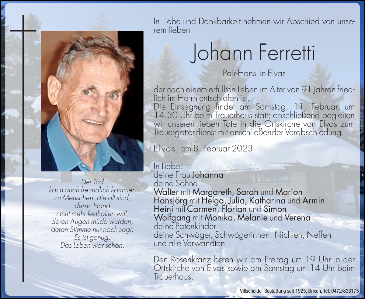  Traueranzeige für Johann Ferretti vom 10.02.2023 aus Dolomiten