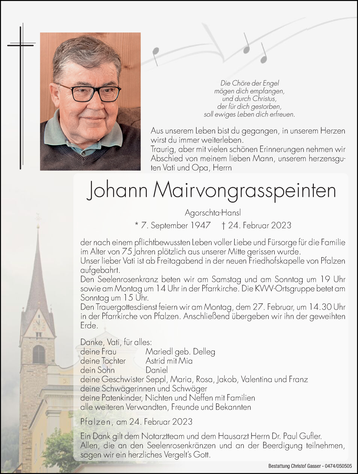  Traueranzeige für Johann Mairvongrasspeinten vom 25.02.2023 aus Dolomiten