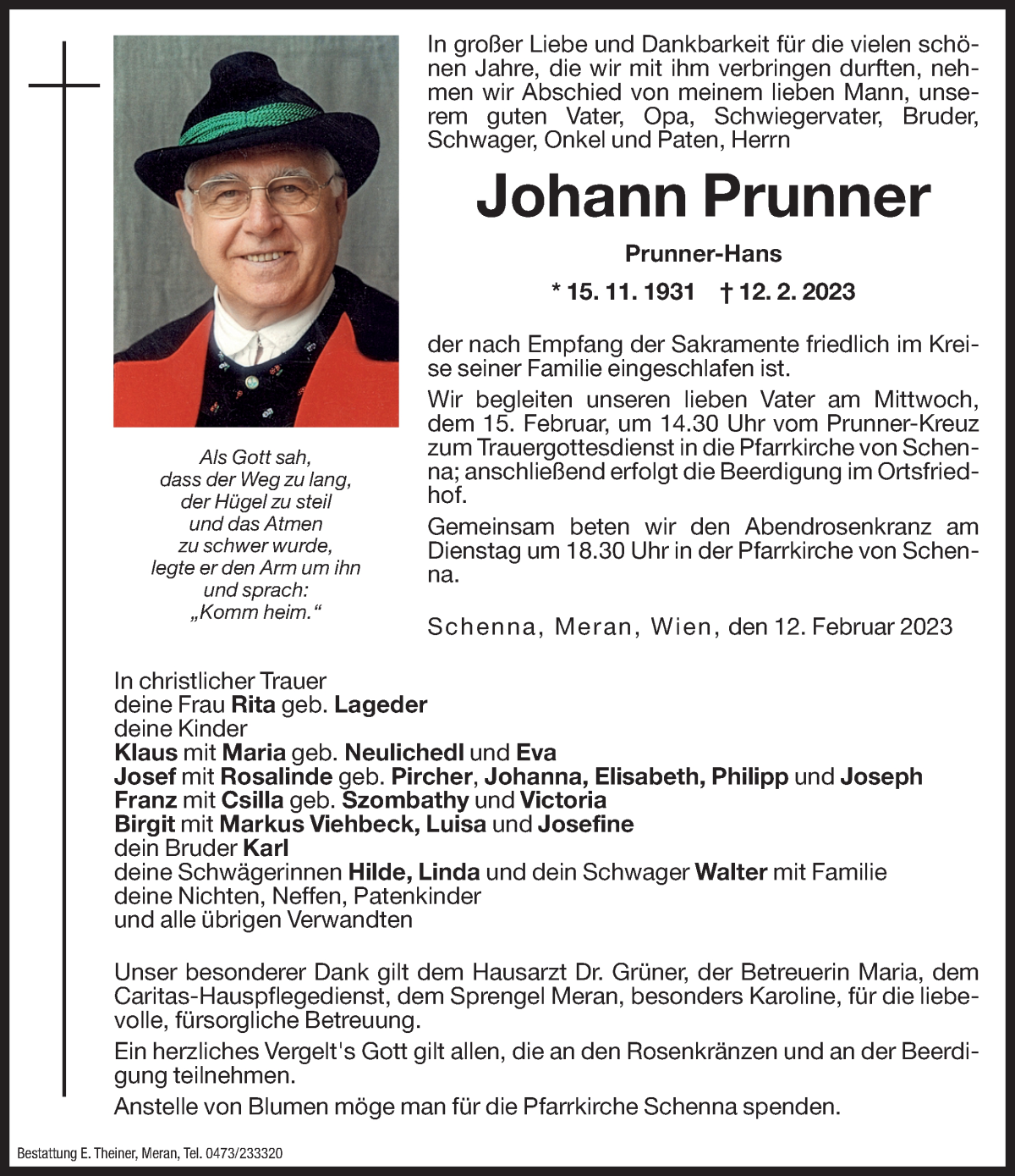  Traueranzeige für Johann Prunner vom 14.02.2023 aus Dolomiten