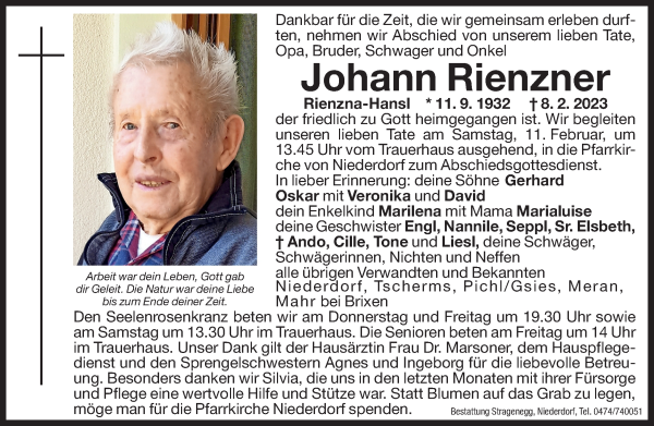 Traueranzeige von Johann Rienzner von Dolomiten