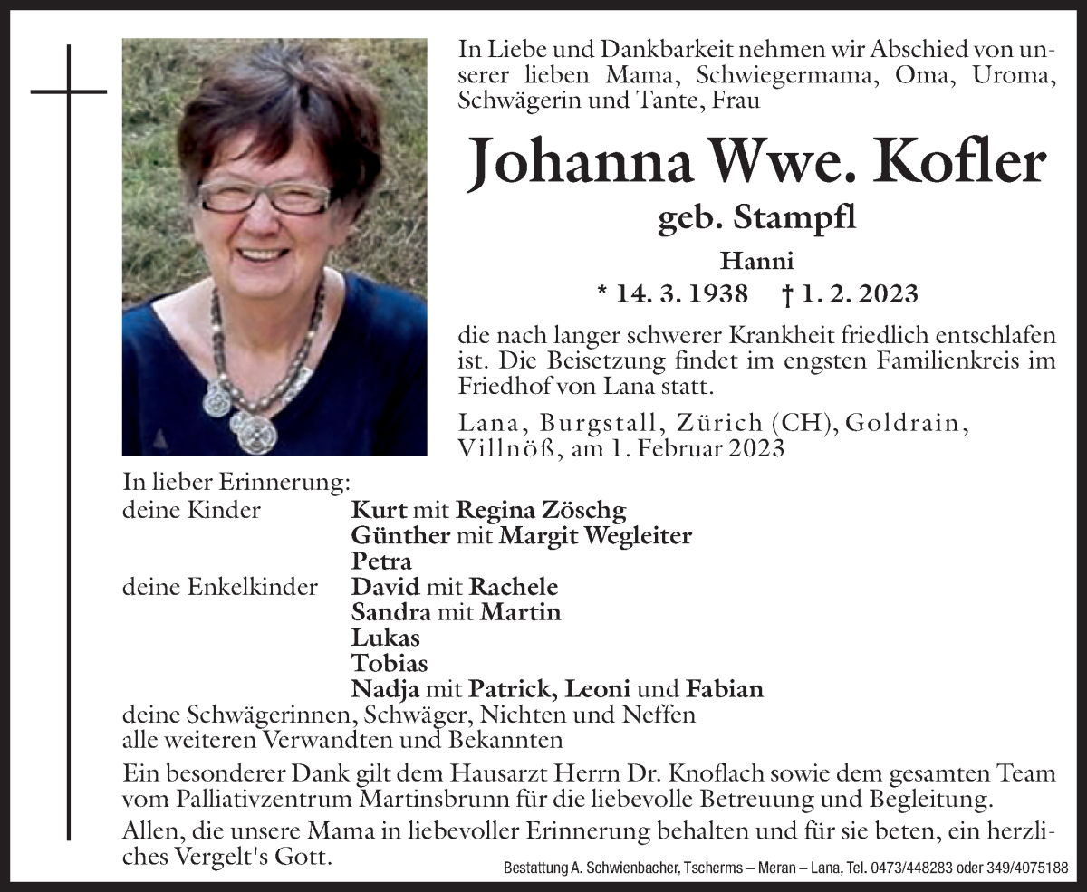  Traueranzeige für Johanna Kofler vom 03.02.2023 aus Dolomiten