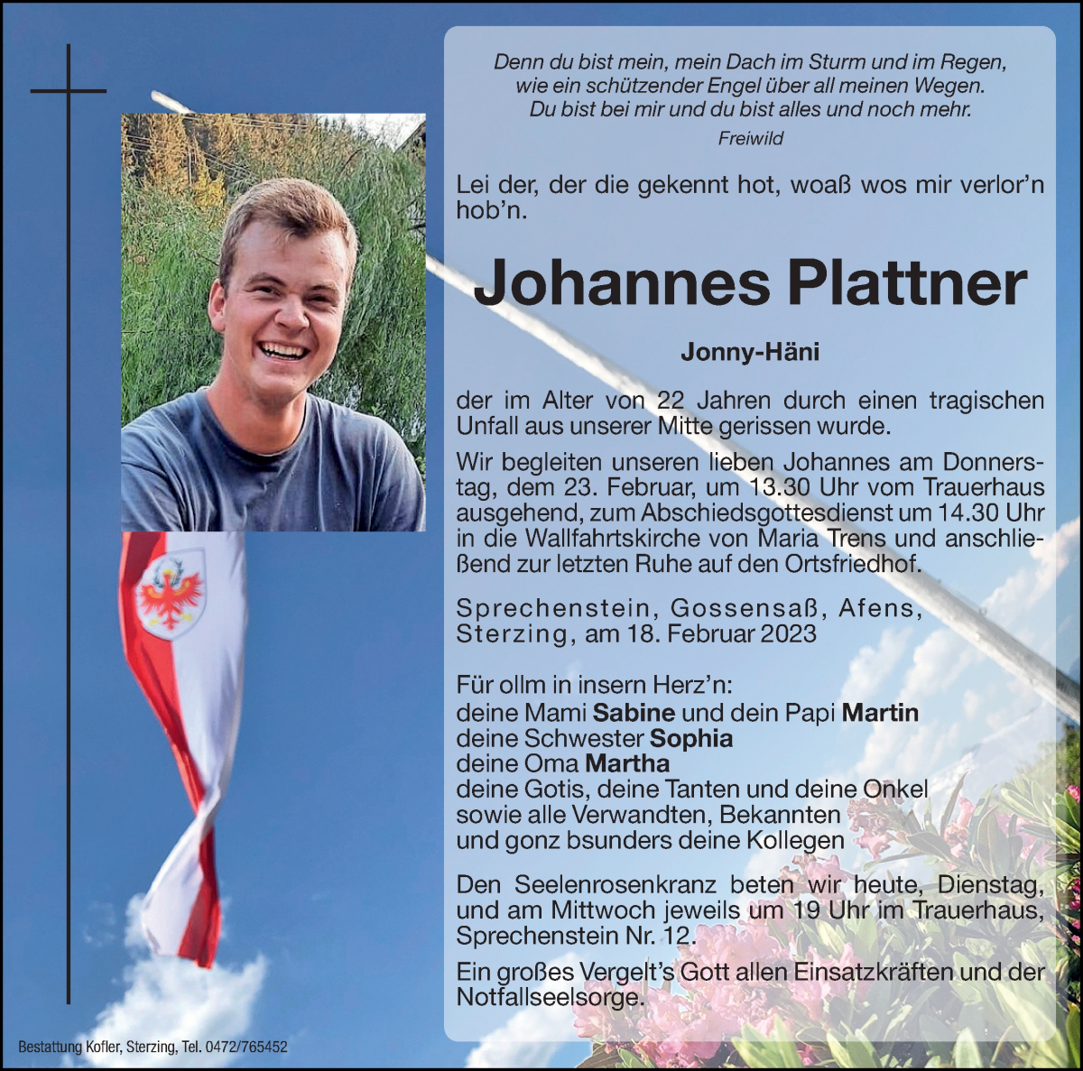  Traueranzeige für Johannes Plattner vom 21.02.2023 aus Dolomiten