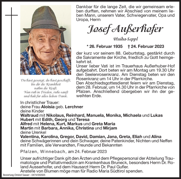 Traueranzeige von Josef Außerhofer von Dolomiten