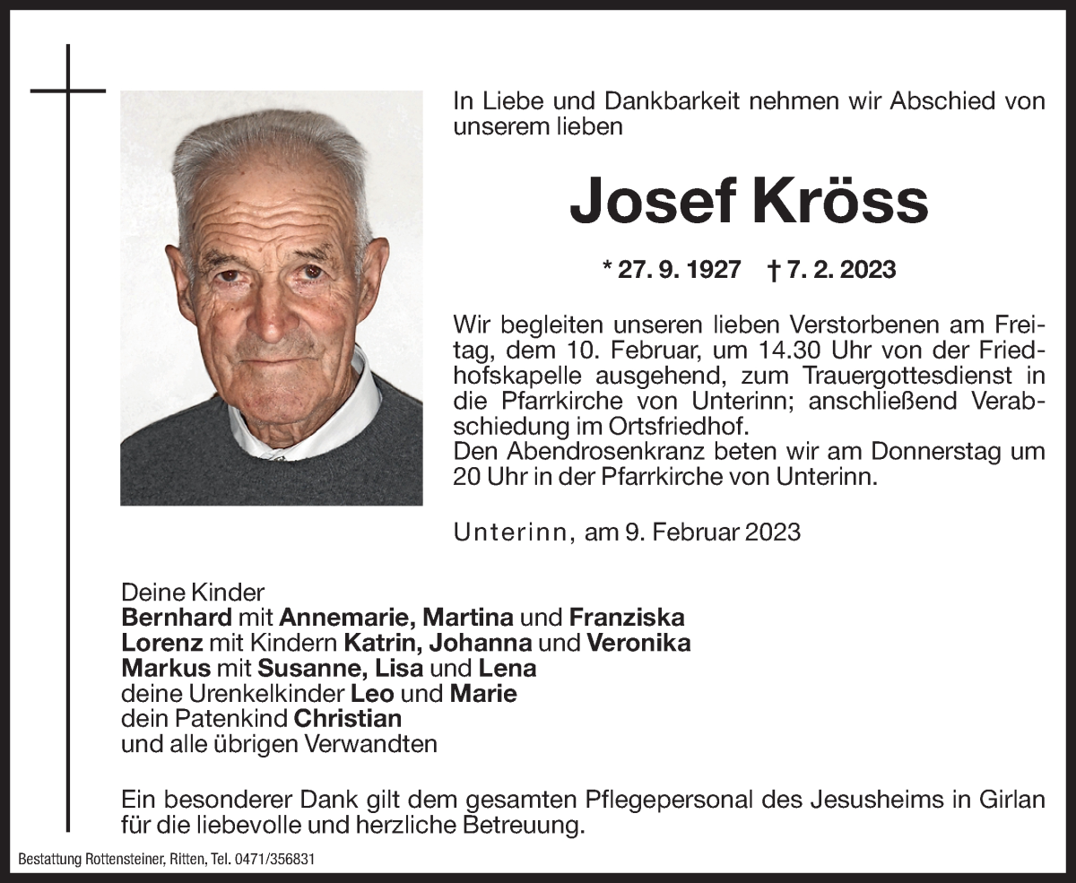  Traueranzeige für Josef Kröss vom 09.02.2023 aus Dolomiten