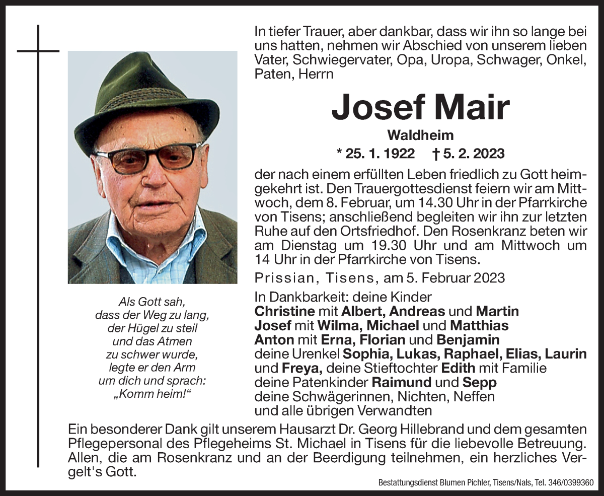  Traueranzeige für Josef Mair vom 06.02.2023 aus Dolomiten