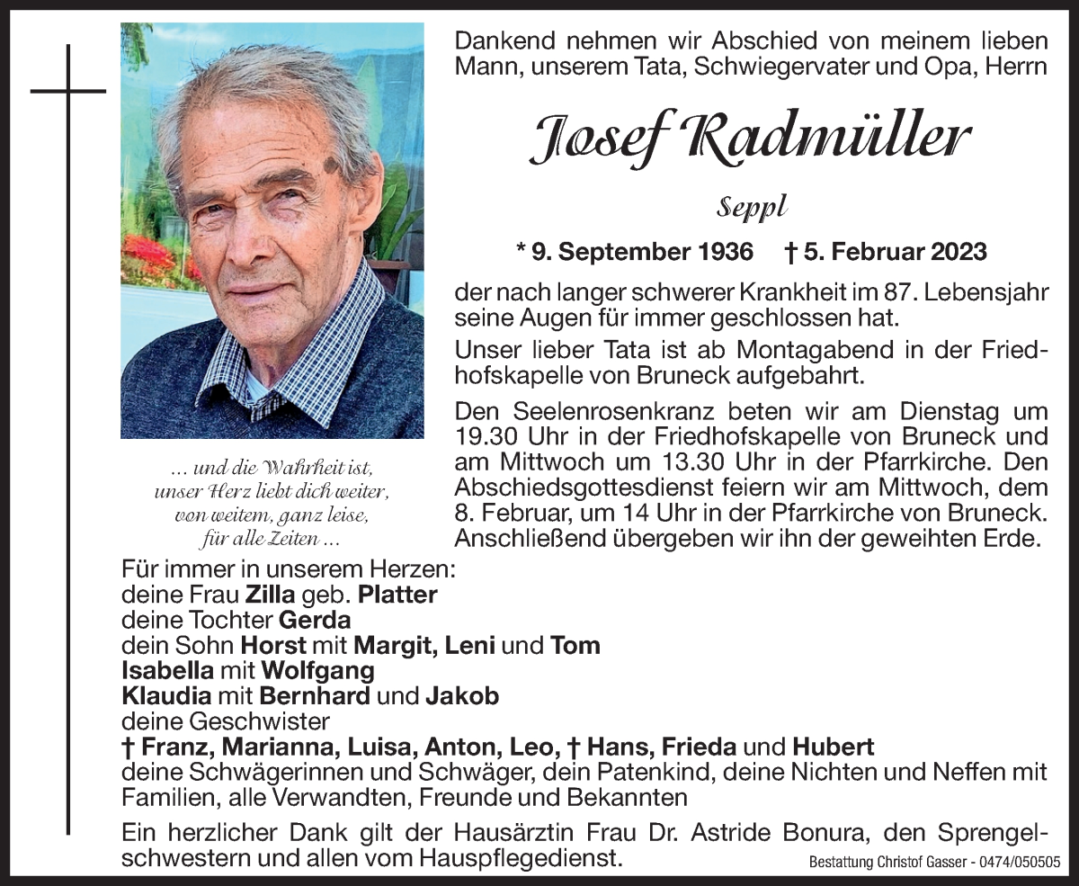  Traueranzeige für Josef Radmüller vom 07.02.2023 aus Dolomiten