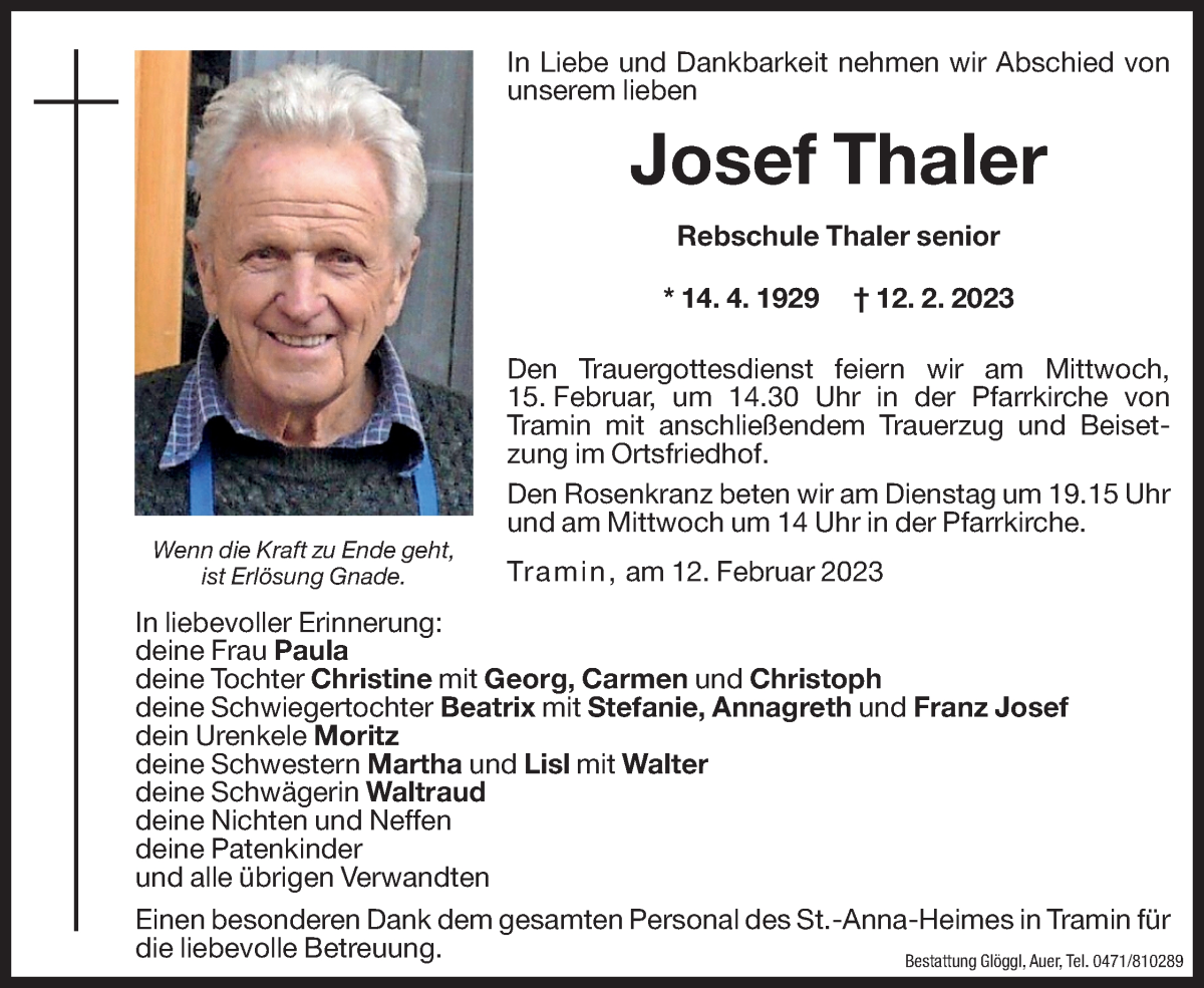  Traueranzeige für Josef Thaler vom 13.02.2023 aus Dolomiten