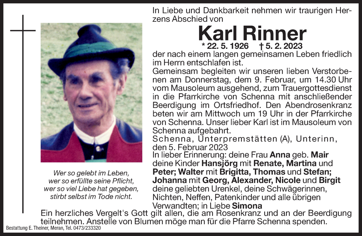  Traueranzeige für Karl Rinner vom 07.02.2023 aus Dolomiten