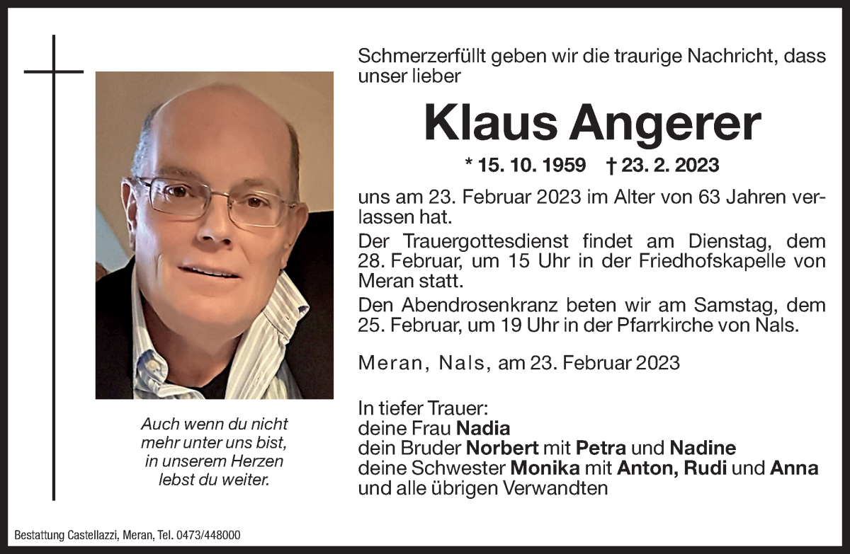  Traueranzeige für Klaus Angerer vom 25.02.2023 aus Dolomiten